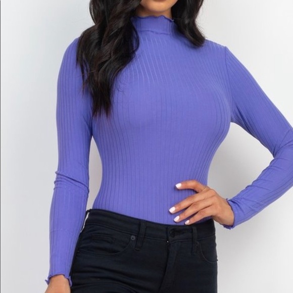 CHIVE BLOSSOM PURPLE RIBBED LONG SLEEVE MOCK NECK THONG BODYSUIT - Picture 6 of 6